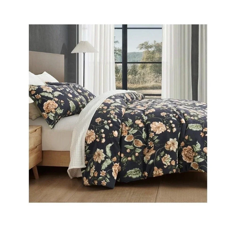 PHF 3 Pcs SET- Navy Blue Floral Velvet Comforter Cover And 2 Shams 90